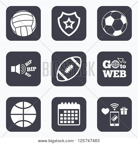 Mobile payments, wifi and calendar icons. Sport balls icons. Volleyball, Basketball, Soccer and American football signs. Team sport games. Go to web symbol.