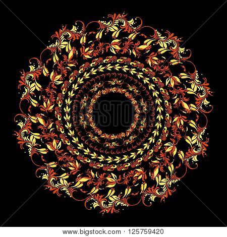 hohloma circular pattern on a black background. vector illustration
