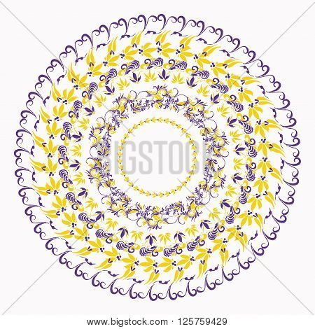 hohloma round blue yellow pattern on a white background. vector illustration