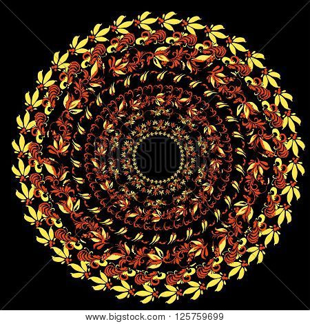 hohloma Traditional round pattern on a black background. vector illustration