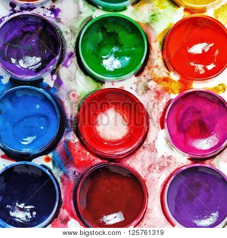 Watercolor paints in a box. The concept of creativity. Art Supplies. Watercolor painting.