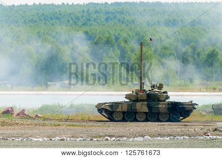 Nizhniy Tagil, Russia - July 12. 2008: T80 tank with equipment for speeding up of water crossing. Russia Arms Expo exhibition