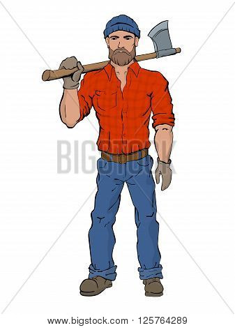 Lumberjack. Rural man holds axe in hands wearing a plaid shirt jeans and boots. Brutal fashion style.