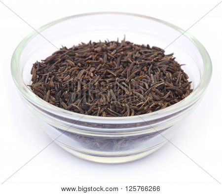 Close up of caraway seeds in a glass bowl