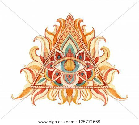 Watercolor all seeing eye symbol in pyramid. Vintage hand painted All Seeing-Eye isolated on white background
