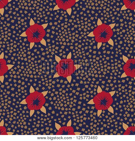 Vector floral pattern in doodle style. Leaves and flowers. Seamless pattern can be used for pattern fills web page background surface textures.