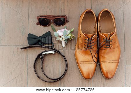 Groom Set Clothes. Wedding Rings, Shoes, Bow Tie