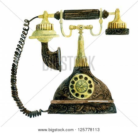 Telephone in retro style. Old fashioned phone. Hand painted illustration