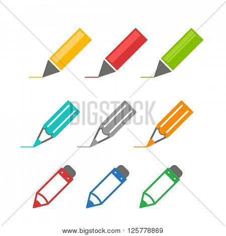 Color crayons and markers icons vector set