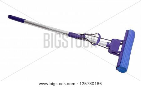 Blue plastic mop with aluminium handle mounting clamp and a sponge on a light background