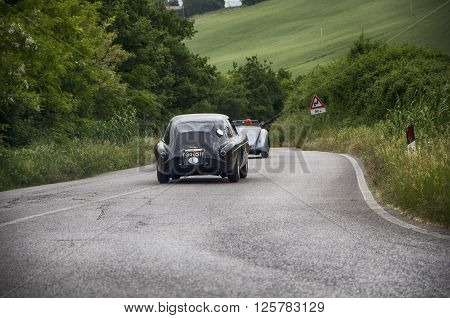 PESARO, ITALY - MAY 15: FERRARI 340 America berlinetta Vignale 1951 on an old racing car in rally Mille Miglia 2015 the famous italian historical race (1927-1957) on May 15 2015