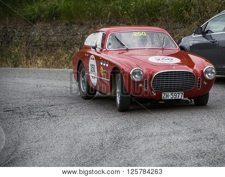 PESARO, ITALY - MAY 15: FERRARI 225 Sport Berlinetta Vignale 1952 on an old racing car in rally Mille Miglia 2015 the famous italian historical race (1927-1957) on May 15 2015