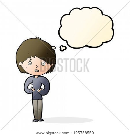 cartoon woman making Who Mea gesture with thought bubble