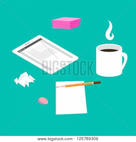 Morning breakfast day planning. Tablet pc on table and cup of coffee. Snack time and brainstorming. Top view and flat design illustration.