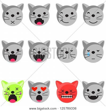 Cat smile emoji set. Emoticon icon flat style vector set. Expression comic emoji kittens. Smiley cat grey icons.