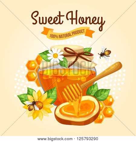 Sweet Honey poster with bees jar and yellow flowers on beige background vector illustration