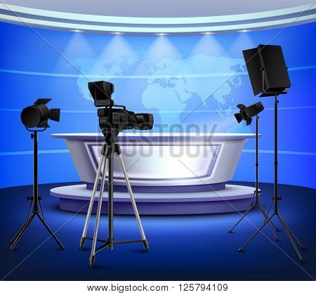 Realistic blue news studio interior with table on pedestal world map on wall floodlight camera vector illustration