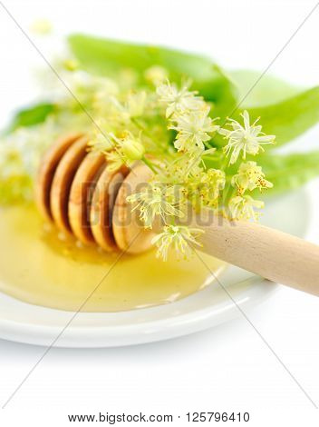 Honey dipper with honey with flowers of linden on white saucer
** Note: Shallow depth of field