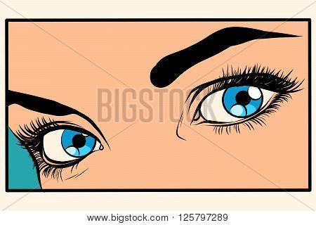 Beautiful blue eyes girl pop art retro style. Closeup of a fragment of womans face