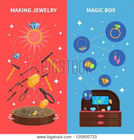 Making jewelry vertical banners set with magic jewel box flat isolated vector illustration