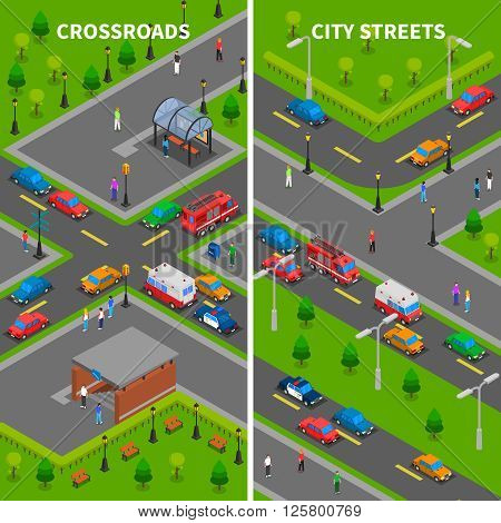 Street traffic isometric vertical banners set with crossroads underpass bus stop pedestrians trucks and cars vector illustration