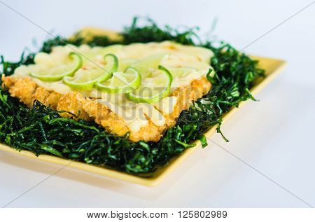 Chicken cream lemon of thailand 
Chicken cream lemon on white background