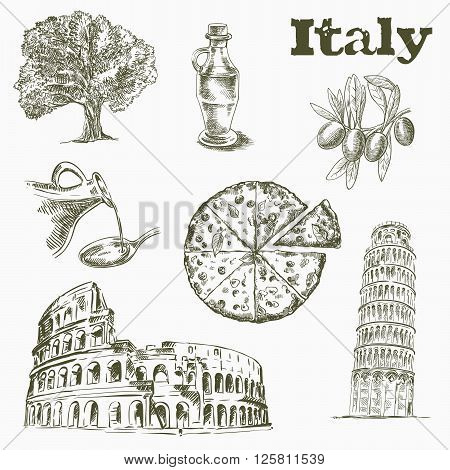 hand drawn sketches of Sights and culture in Italy on a white background