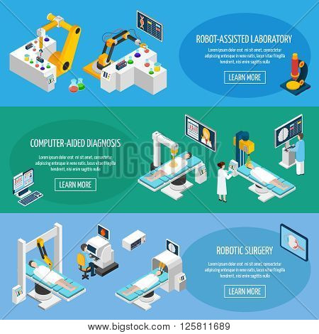 Robotic surgery banners set of robot assisted laboratory and computer aided diagnostic isometric icons vector illustration