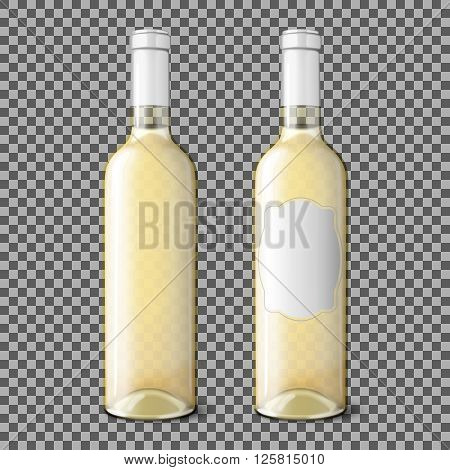 Two transparent realistic bottles for white wine isolated on plaid background with place for your design and branding. Vector illustration