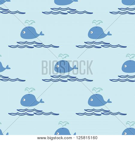 Vector illustration. Seamless ornament composed of small whales and waves on a blue background.