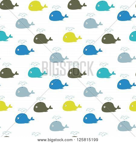 Vector illustration. Seamless ornament made of little multicolored whales.