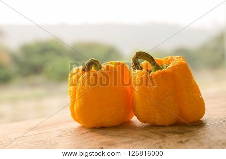 yellow sweet peppers on a wooden table