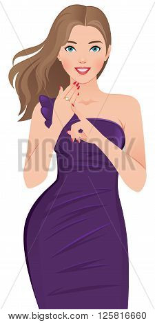 Young happy woman in a beautiful dress showing engagement ring on her hand Stock vector illustration