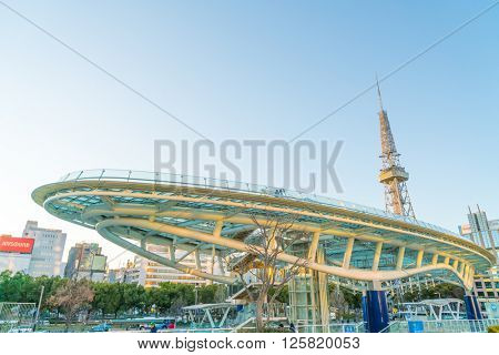 NAGOYA, JAPAN - FEB 07: Oasis 21 in Nagoya, Japan on FEB 07, 2016. A shopping complex nearby Nagoya Tower, its large oval glass roof structure floats above ground level