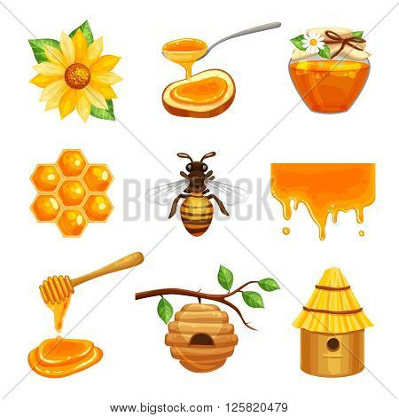 Honey isolated cartoon icon set with various elements of beekeeping and bee life vector illustration