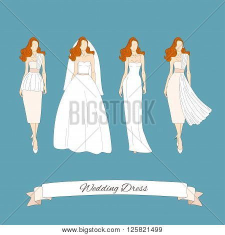 Wedding draw dresses set. Bridal vector illustration.
