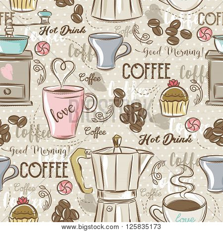 Beige seamless patterns with coffee set coffee maker mouffincup flower and text. Ideal for printing onto fabric and paper or scrap booking.