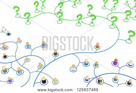 Crowd of small symbolic 3d figures linked by lines isolated over white
