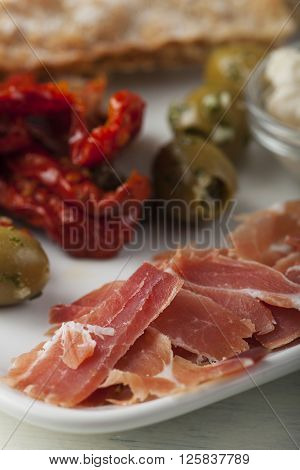 closeup of south tirol toerggelen ham speciality