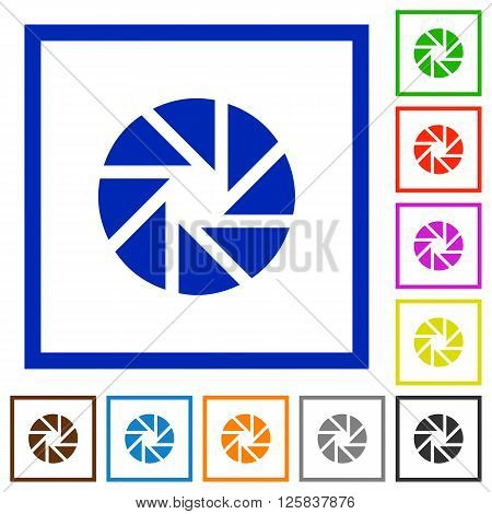 Set of color square framed aperture flat icons on white background
