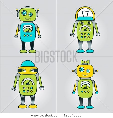 Cute Boy & Girl Robot cartoon character educational flat icon template. School after-school kids' activities technology education club business sign concept. Sample text. Layered editable