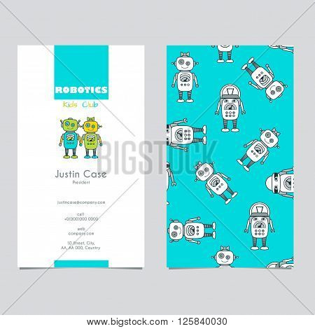 Cute Boy & Girl Robot cartoon character educational flat icon & business card template. School after-school kids' activities technology education club business sign concept. Sample text. Layered editable