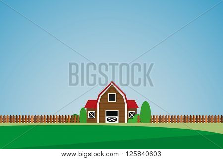 Green landscape with lonely house and trees