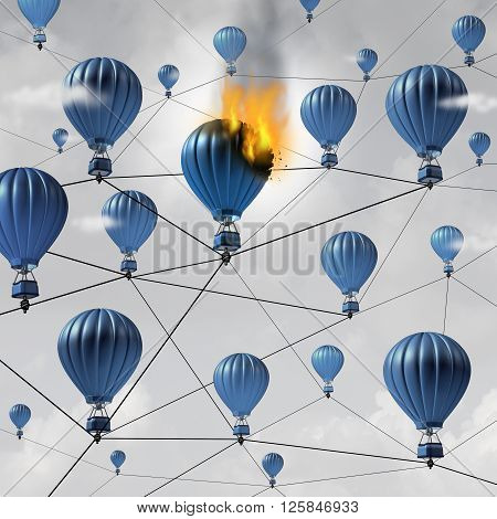 Network connection failure business concept as a burning air balloon burning up in a group of connected air balloons breaking the link in a communication structure as a 3D illustration.