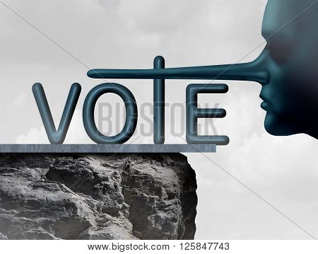 Vote liar and voting deception symbol as a human with a long lying nose as a metaphor for dishonesty and voter fraud in an election.