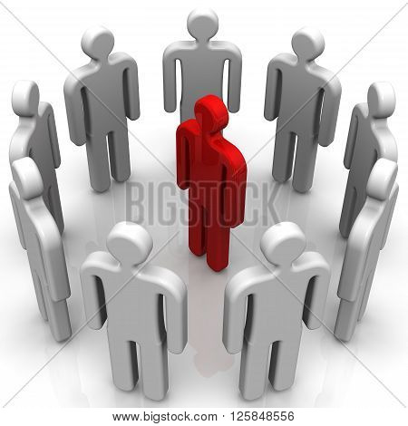 Meeting. Concept. Red symbol of man surrounded by gray. Isolated. 3D Illustration