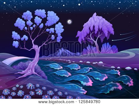 Astral landscape with trees and river in the night. Vector illustration