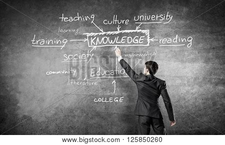 Rear view of man drawing education concept on blackboard with chalk