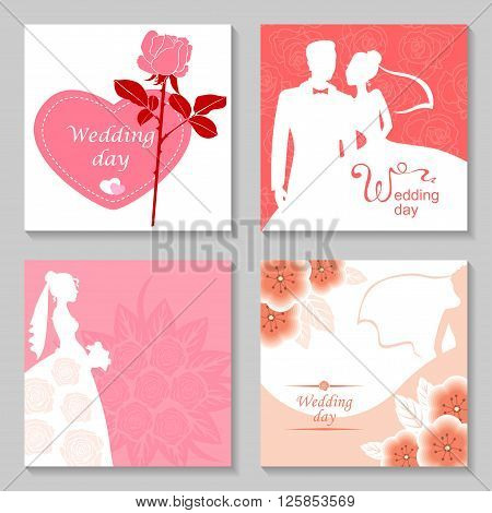 Vector illustrations of silhouette of bride and groom. Wedding day card set