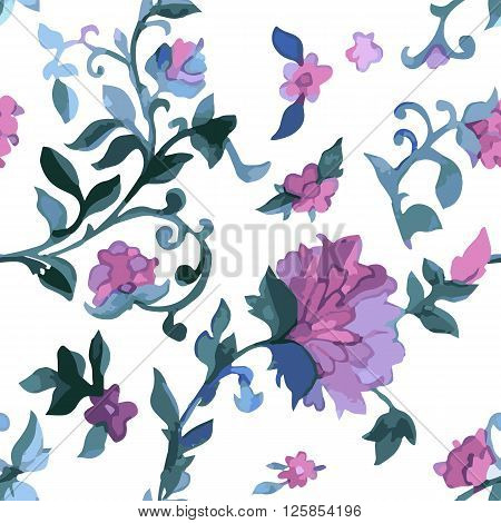 Watercolor Paisley Seamless Background on White. Cold Colors. Indian, Persian or Turkish Art. Vector Handdrawn Pattern.